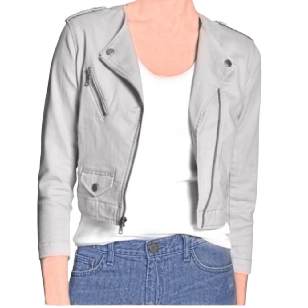 BANANA REPUBLIC Cropped Moto Jacket White Denim Coat Medium Petite